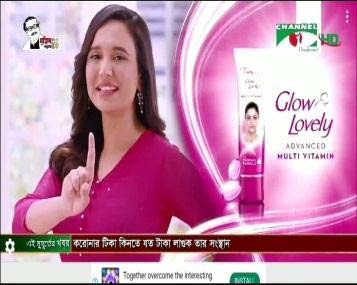 Retrieved from Channel I on 03/07/2021 Duration:18 -19 sec. White part of the tube of Glow & Lovely Advanced Multivitamin cream, pink texts on it, white color on the background, pink texts on the background, pink color on the background A tube of Glow & Lovely Advanced Multivitamin cream is glowing and informing that Fair & Lovely is now Glow & Lovely. Only white things glow. The whiter the thing is the glower it is. Being white means being lovely. from Channel I on 03/07/2021 Duration: 21-22 sec. Fair skinned face with dark spots on right cheek of the model, whitish background, pinkish lips, white and pink drops falling on dark spots Glow & Lovely Advanced Multivitamin cream removes dark spots from fair face of the model. Darkness is the cause of ugliness. So dark spots, dark circles and darkness of the sun have to be removed. Darkness is the cause of ugliness is a myth. Retrieved from Channel I on 03/07/2021 Duration: 24 -25 sec. A fair skinned model wearing pink dress, a bunch of flowers in her hand, people clapping on the background, white and bubblegum pink wall A fair skinned model has won the election and she has been welcomed by a bunch of flowers. People are celebrating her victory by clapping on the background. Fair skin brings victory for the lady. To become empowered in life skin has to be fair. Fair skin brings victory is a myth. Retrieved from Channel I on 03/07/2021 Duration: 27-29 sec. Two fair skinned lady models wearing purple and pink dress, pink texts on white background, pink color on the background, whitish and brown wall behind the models, white and pink tube of Glow & women's life is a myth. With the tube of the cream both the models smiles as the advice of the fairer lady to use Glow & Lovely Advanced Multivitamin cream to win the election becomes fruitful.