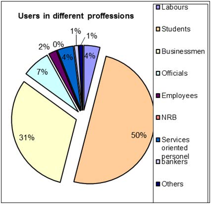 Figure 3 : Respondents of income groups d) Mobile banking users from different ProfessionsAfter analysis of 300 respondents collected randomly, we found that the majority portion of MFS users were students i.e. 50% and earlier it showed that the age group of 18-25 were the highest users of MFS might be the students in profession. And the second largest portion belongs to the businessmen which is 31%. But the other professionals were in so negligent stage by their uses of MFS. 