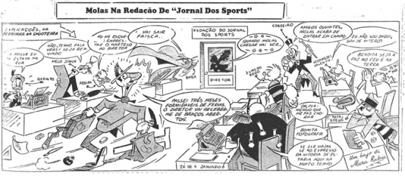 Figura 1 : Molas adota a metalinguagem ao se retratar na charge voltando à redação do Jornal dos Sports, após longas férias. Neste momento, em março de 1946, seus mascotes já estavam familiarizados com os leitores e na sua volta, o cartunista elabora um cenário onde seus colegas de redação estão representados pelos 10 mascotes criados por ele, reforçando a noção de identificação entre os personagens e os torcedores. JS, 20 de março de 1946, p.1.