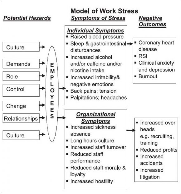 can be caused by poor work design, poor management and unsatisfactory working conditions. Similarly, these things can result in workers not receiving sufficient support from others or not having enough control over their work and its pressures. Most of the causes of work stress concern the way work is designed and the way in which organizations are managed. Because these aspects of work have the potential for causing harm, they are called 'stressrelated hazards' [9]. The literature on stress generally recognizes nine categories of stress-related hazards and that are listed below: a) Job Content ? Tedious, under-stimulating, meaningless tasks ? Lack of variety ? Unpleasant tasks b) Workload and Work Place ? Having too much or too little to do ? Working under time pressures c) Working Hours ? Strict and inflexible working schedules ? Long and unsocial hours ? Unpredictable working hours d) Participation