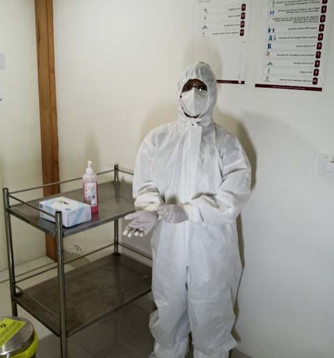 Figure 5In Figure No. 5 it is seen that staff had good knowledge 85% which may be attributed to the structured training before the posting. But the compliance to practice was between 61-62%. There is a need to sensitize on appropriate practice.f) Pictures of our donning doffing area