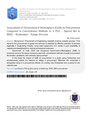 Assessment of Government-E-Marketplace (Gem) on Procurement Compared to Conventional Methods in A PSU – Special Ref to BHEL – Hyderabad – Pumps Division.