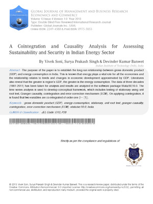 A Cointegration and Causality Analysis for Assessing Sustainability and Security in Indian Energy Sector