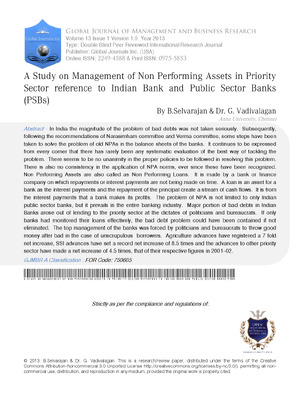 A Study on Management of Non Performing Assets in Priority Sector Reference to Indian Bank and Public Sector Banks (PSBs)