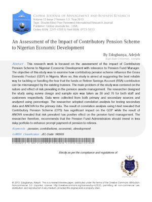 An Assessment of the Impact of Contributory Pension Scheme to Nigerian Economic Development