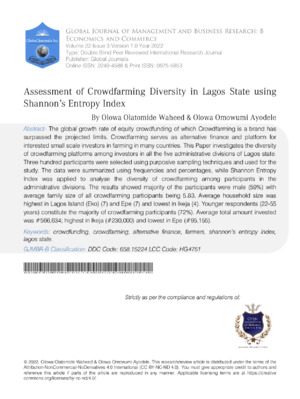 Assessment of Crowdfarming Diversity in Lagos State Using Shannon's Entropy Index