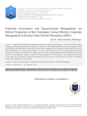 Corporate Governance and Organizational Management: An Ethical Perspective of the Challenges Facing Effective Corporate Management in Kenyan State Owned Enterprises (SOES)