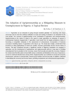 The Adoption of Agripreneurship as a Mitigating Measure to Unemployment in Nigeria: A  Topical Review