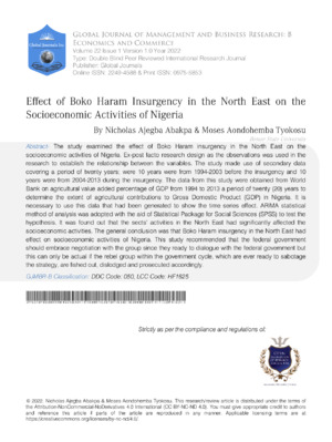 Effect of Boko Haram Insurgency in the North East on the Socioeconomic Activities of Nigeria