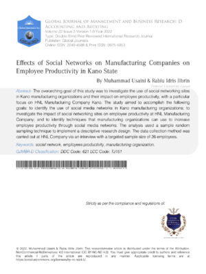 Effects of Social Networks on Manufacturing Companies on Employee Productivity in Kano State