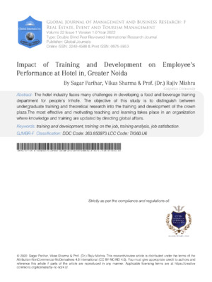 Impact of Training and Development on Employees Performance atHotel in, Greater Noida