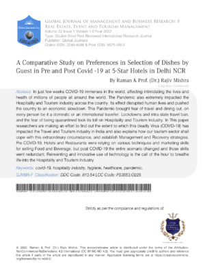 A Comparative Study on Preferences in Selection of Dishes by Guest in Pre and Post Covid -19 at 5-Star Hotels in Delhi NCR