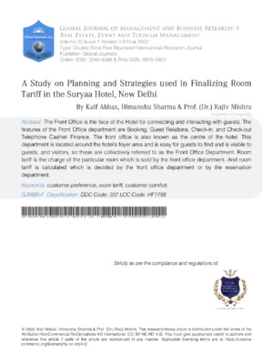A Study on Planning and Strategies used in Finalizing Room Tariff in the Suryaa Hotel, New Delhi