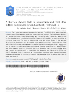A  Study on Changes Made in Housekeeping and Front Office in Hotel Radisson Blu Tower, Kaushambi Post Covid-19