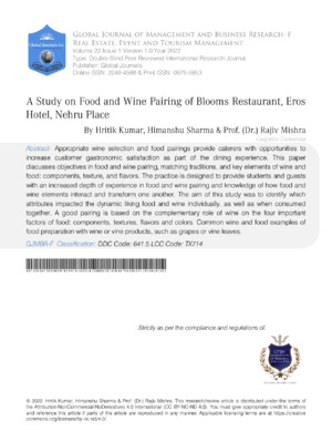 A Study on Food and Wine Pairing of Blooms Restaurant, Eros Hotel, Nehru Place