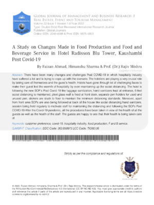A Study on Changes Made in Food Production and Food and Beverage Service in Hotel Radisson Blu Tower, Kaushambi Post Covid-19