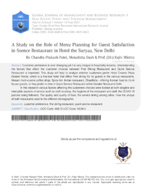 A Study on the Role of Menu Planning for Guest Satisfaction in Ssence Restaurant in Hotel the Suryaa, New Delhi