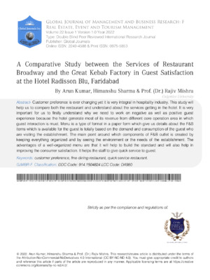 A Comparative Study between the Services of Restaurant Broadway and the Great Kebab Factory in Guest Satisfaction at the Hotel Radisson Blu, Faridabad