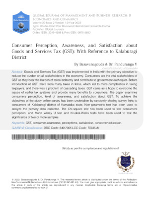 Consumer Perception, Awareness, and Satisfaction about Goods and Services Tax (GST): With reference to Kalaburagi District
