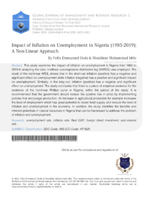 Impact of Inflation on Unemployment in Nigeria (1985-2019): A Non-Linear Approach