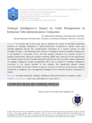 Strategic Intelligences Impact on Crisis Management in Jordanian Telecommunications Companies
