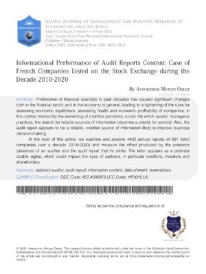 Informational Performance of Audit Reports Content: Case of French Companies Listed on the Stock Exchange during the Decade 2010-2020