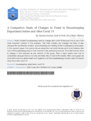 A Compartive Study of Changes in  Trend in Housekeeping Department before and after Covid 19