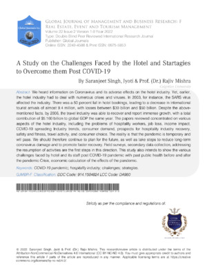 A Study on the Challenges Faced by the Hotel and Startagies to Overcome them Post Covid-19