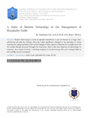 A Study of Modern Technology in the Management of Hospitality Outfit