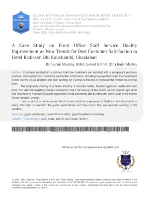 A Case Study on Front Office Staff Service Quality Improvement as New Trends for Best Customer Satisfaction in Hotel Radisson Blu Kaushambi, Ghaziabad