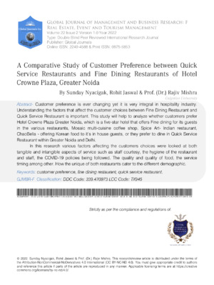 A Comparative Study of Customer Preference between Quick Service Restaurants and Fine Dining Restaurants of Hotel Crowne Plaza, Greater Noida
