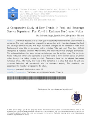 A Comparative Study of New Trends in Food and Beverage Service Department Post Covid in Radisson Blu Greater Noida