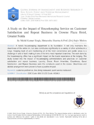 A Study on the Impact of Housekeeping Service on Customer Satisfaction and Repeat Business in Crowne Plaza Hotel, Greater Noida