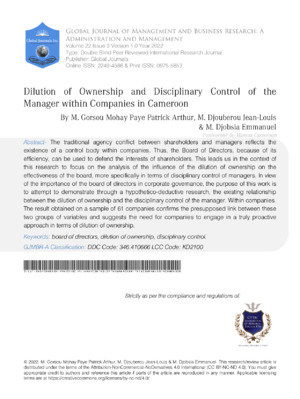 Dilution of Ownership and Disciplinary Control of the Manager within Companies in Cameroon