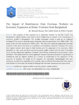 The Impact of Remittances from Overseas Workers on Economic Expansion at Home: Evidence from Bangladesh
