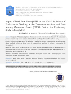 Impact of Work From Home (WFH) on the Work-Life Balance of Professionals Working in the Telecommunications and Fast-Moving Consumer Goods (FMCG) Sector: An Exploratory Study  in Bangladesh