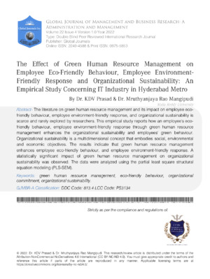 The Effect of Green Human Resource Management on Employee Eco-Friendly Behaviour, Employee Environment-Friendly Response And Organizational Sustainability: An Empirical Study Concerning IT Industry in Hyderabad Metro