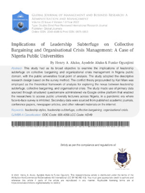 Implications of Leadership Subterfuge on Collective Bargaining and Organisational Crisis Management. A Case of Nigeria Public Universities
