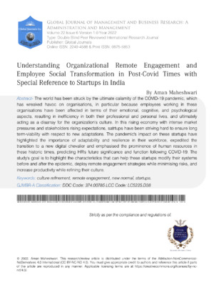 Understanding Organizational Remote Engagement and Employee Social Transformation in Post-Covid Times with Special Reference to Startups in India