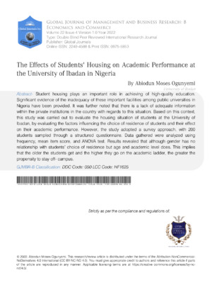 The Effects of Students Housing on Academic Performance at the University of Ibadan in Nigeria