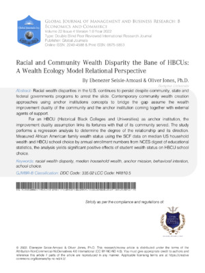 Racial and Community Wealth Disparity the Bane of HBCUs - A Wealth Ecology Model  Relational Perspective