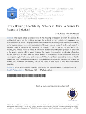 Urban Housing Affordability Problem in Africa: A Search for Pragmatic Solution