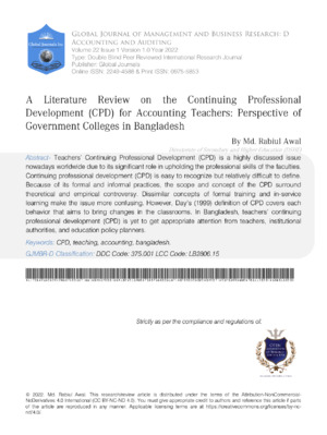 A Literature Review on the Continuing Professional Development (CPD) for Accounting Teachers: Perspective of Government Colleges in Bangladesh