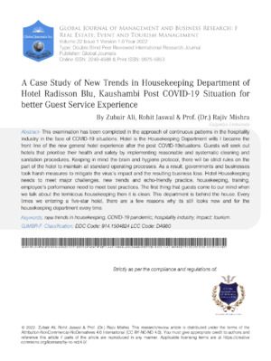 A Case Study of New Trends in Housekeeping Department of Hotel Radisson Blu, Kaushambi post COVID-19 Situation for Better Guest Service Experience