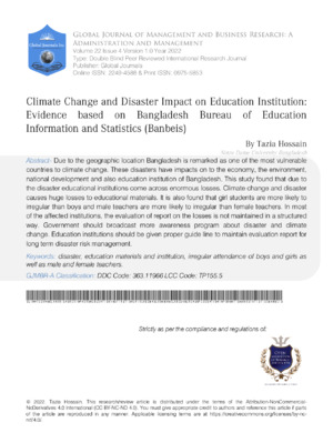Climate Change and Disaster Impact on Education Institution: Evidence based on Bangladesh Bureau of Education Information and Statistics (Banbeis)