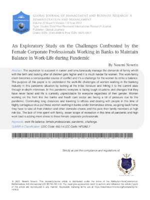 An Exploratory study on the Challenges Confronted by the Female Corporate Professionals Working in Banks to Maintain Balance in Work-Life during Pandemic