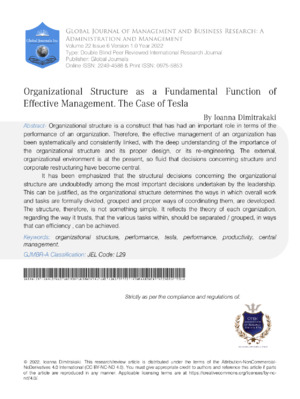 Organizational Structure as a Fundamental Function of Effective Management. The Case of Tesla