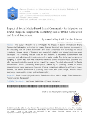 Impact of Social Media Based Brand Community Participation on Brand Image in Bangladesh: Mediating Role of Brand Association and Brand Awareness