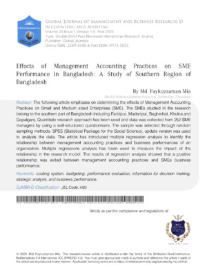 Effects of Management Accounting Practices on SME Performance in Bangladesh: A Study of Southern Region of Bangladesh