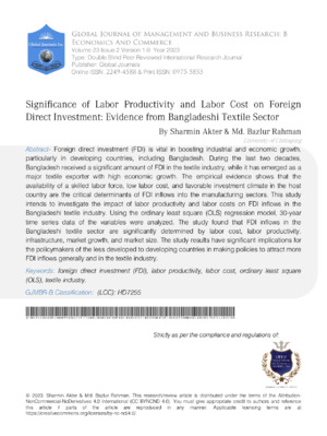 Significance of Labor Productivity and Labor Cost on Foreign Direct Investment: Evidence from Bangladeshi Textile Sector